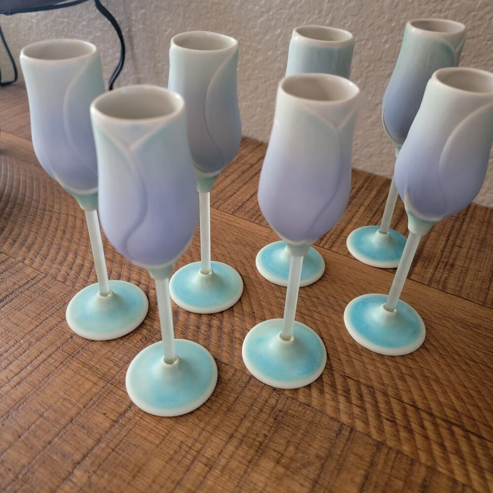 Retired Newman Ceramic Works Blue Rosebud Cordial Glasses Signed Set of 6